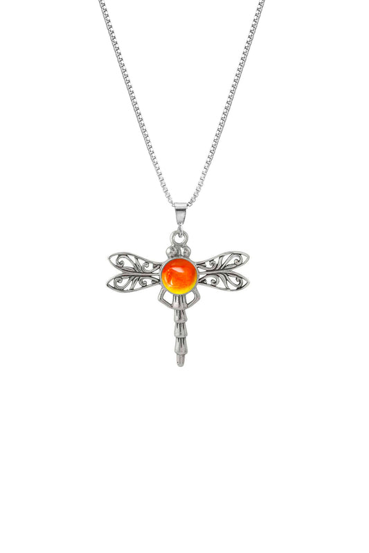 Small Dragonfly Pendant, crafted from high-quality sterling silver for durability and shine Intricate dragonfly design that symbolizes grace and transformation. Features a stunning 5mm polished fire stone for an added touch of elegance. Comes with an 18” sterling silver box chain for a complete look