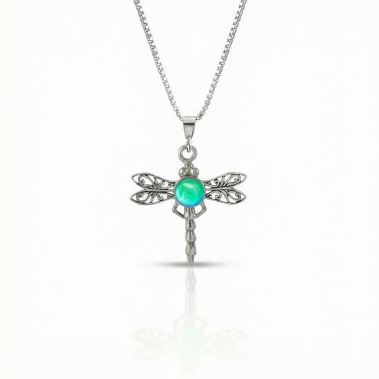 Small Dragonfly Pendant crafted from high-quality sterling silver, this pendant features a beautifully detailed dragonfly design. Adorned with a stunning 5mm polished green stone, this pendant adds a subtle pop of color and sparkle comes with an 18” sterling silver box chain.