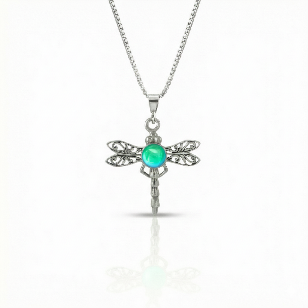 Small Dragonfly Pendant crafted from high-quality sterling silver, this pendant features a beautifully detailed dragonfly design. Adorned with a stunning 5mm polished green stone, this pendant adds a subtle pop of color and sparkle comes with an 18” sterling silver box chain.