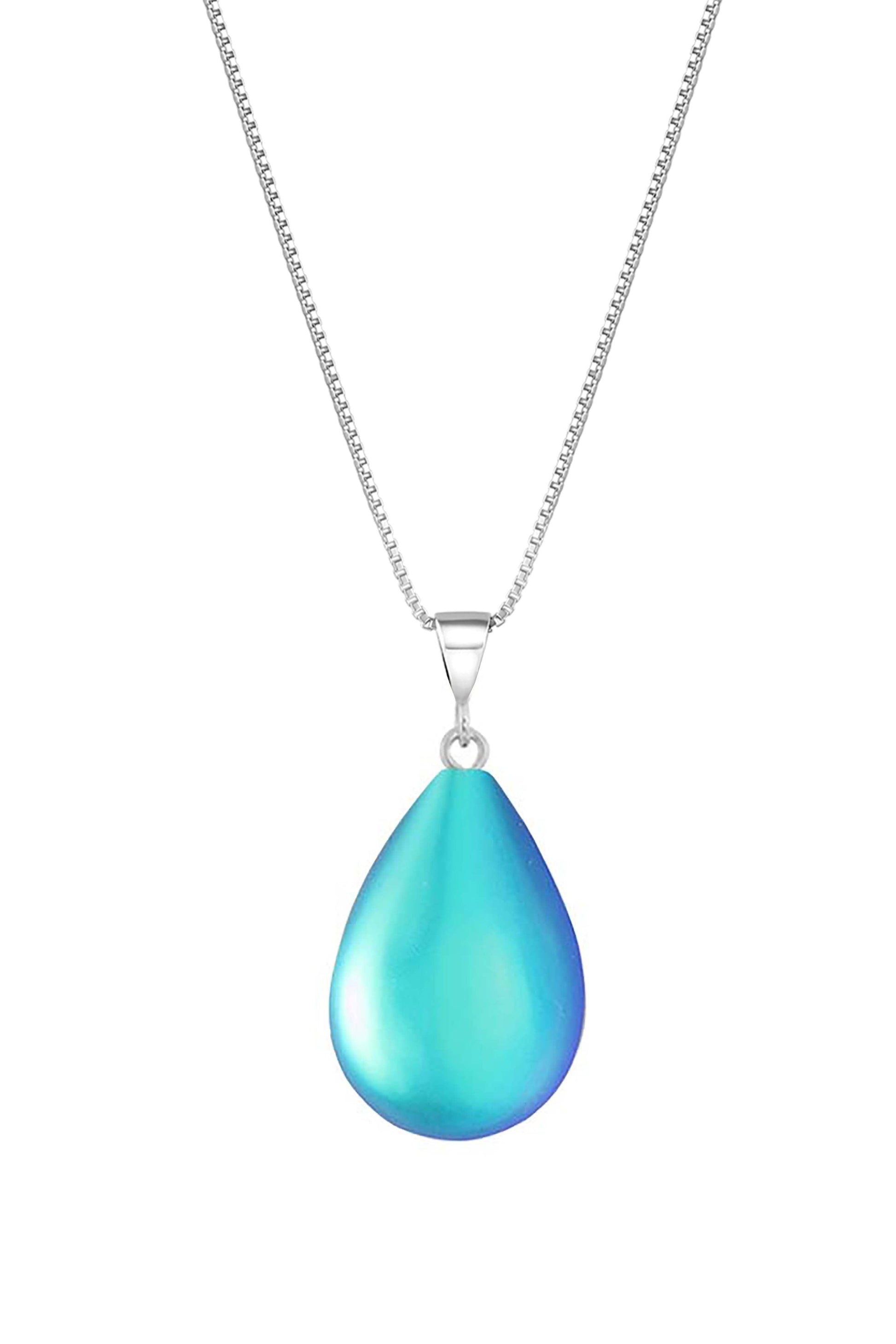 Small Drop Pendant Crafted with sterling silver components, this frosted aqua pendant comes with an included 18" sterling silver .7mm box chain for a polished look.