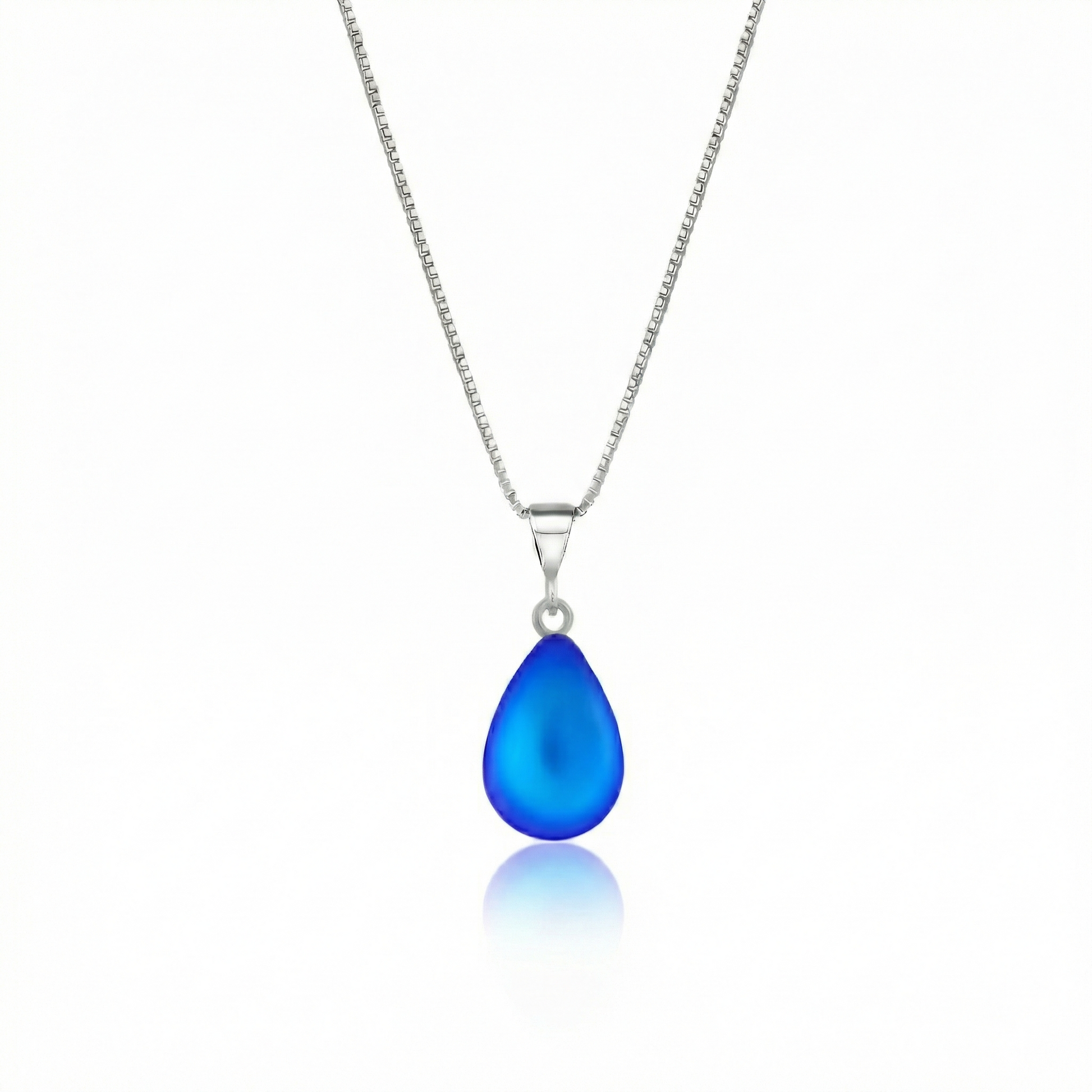 Crystal Small Drop Pendant Crafted with sterling silver components, this frosted blue pendant comes with an included 18" sterling silver .7mm box chain for a polished look.