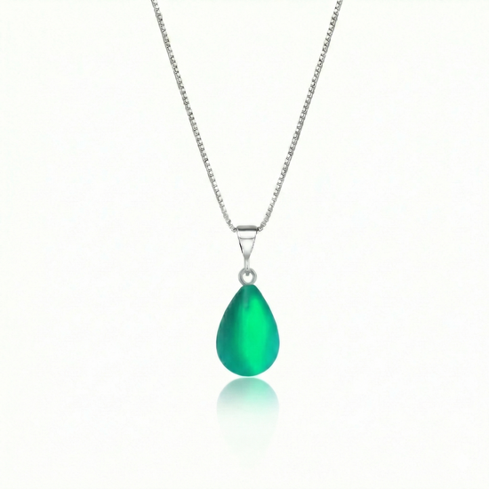 Crystal Small Drop Pendant Crafted with sterling silver components, this frosted green pendant comes with an included 18" sterling silver .7mm box chain for a polished look.