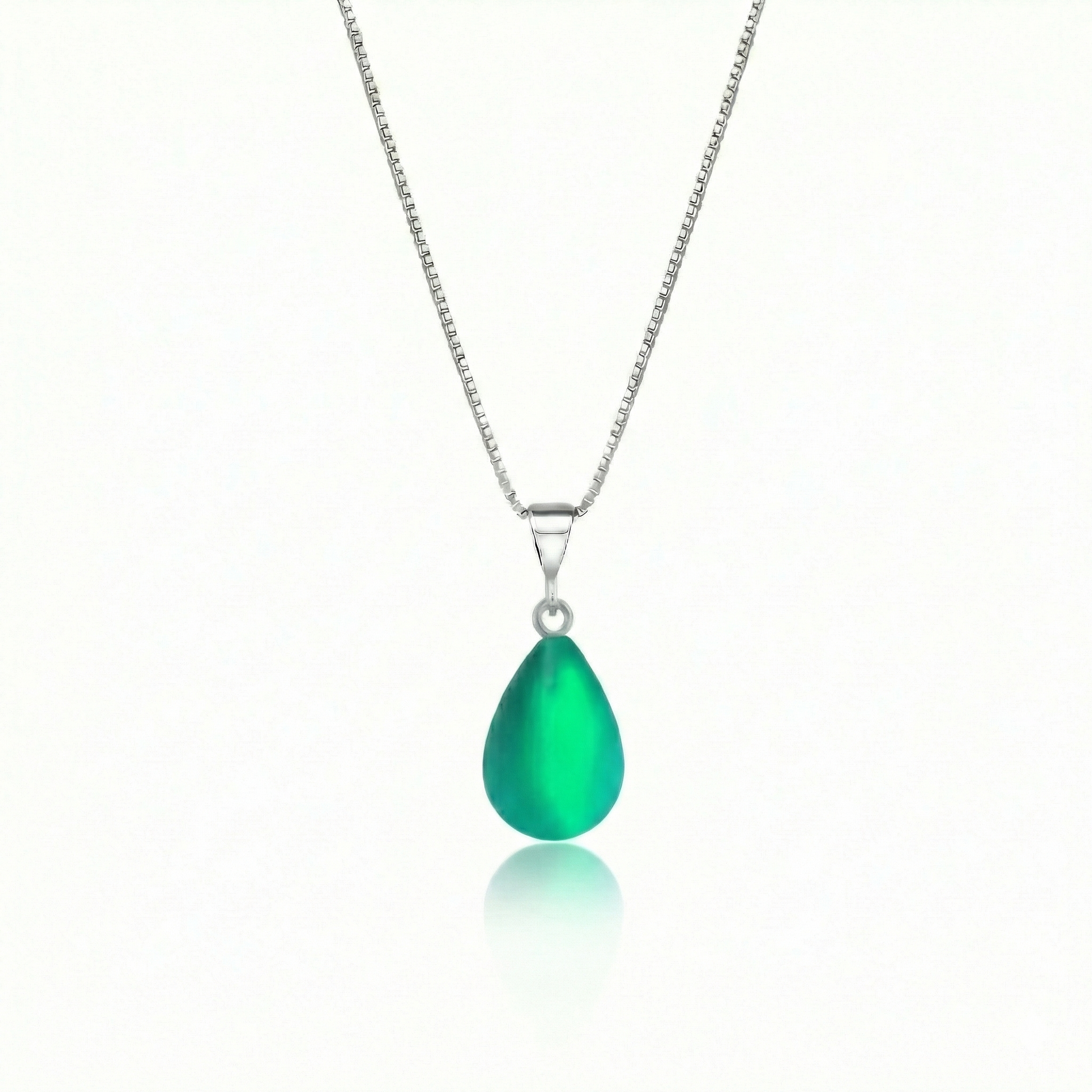 Crystal Small Drop Pendant Crafted with sterling silver components, this frosted green pendant comes with an included 18" sterling silver .7mm box chain for a polished look.