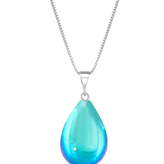 Small Drop Pendant Crafted with sterling silver components, this polished aqua pendant comes with an included 18" sterling silver .7mm box chain for a polished look.