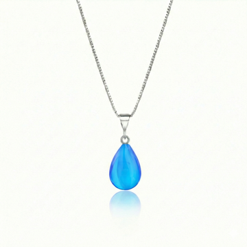 Crystal Small Drop Pendant Crafted with sterling silver components, this polished blue pendant comes with an included 18" sterling silver .7mm box chain for a polished look.