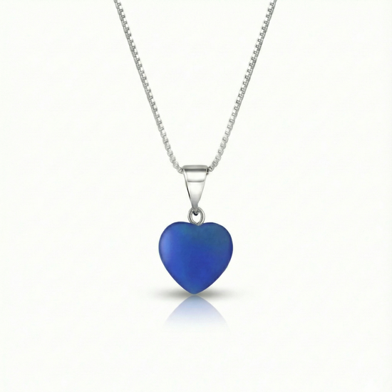 Small Crystal Heart Pendant crafted with sterling silver components, this pendant is designed for both quality and style. Includes a 16" sterling silver .7mm box chain with the frosted blue pendant.