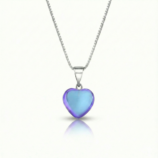 Small Crystal Heart Pendant crafted with sterling silver components, this pendant is designed for both quality and style. Includes a 16" sterling silver .7mm box chain with the polished blue pendant.