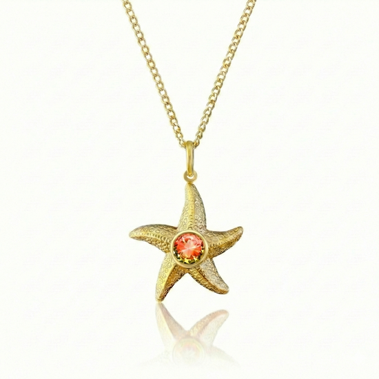 Starfish Necklace featuring a 16"-18" adjustable silver stainless chain with  5mm round blue stone.