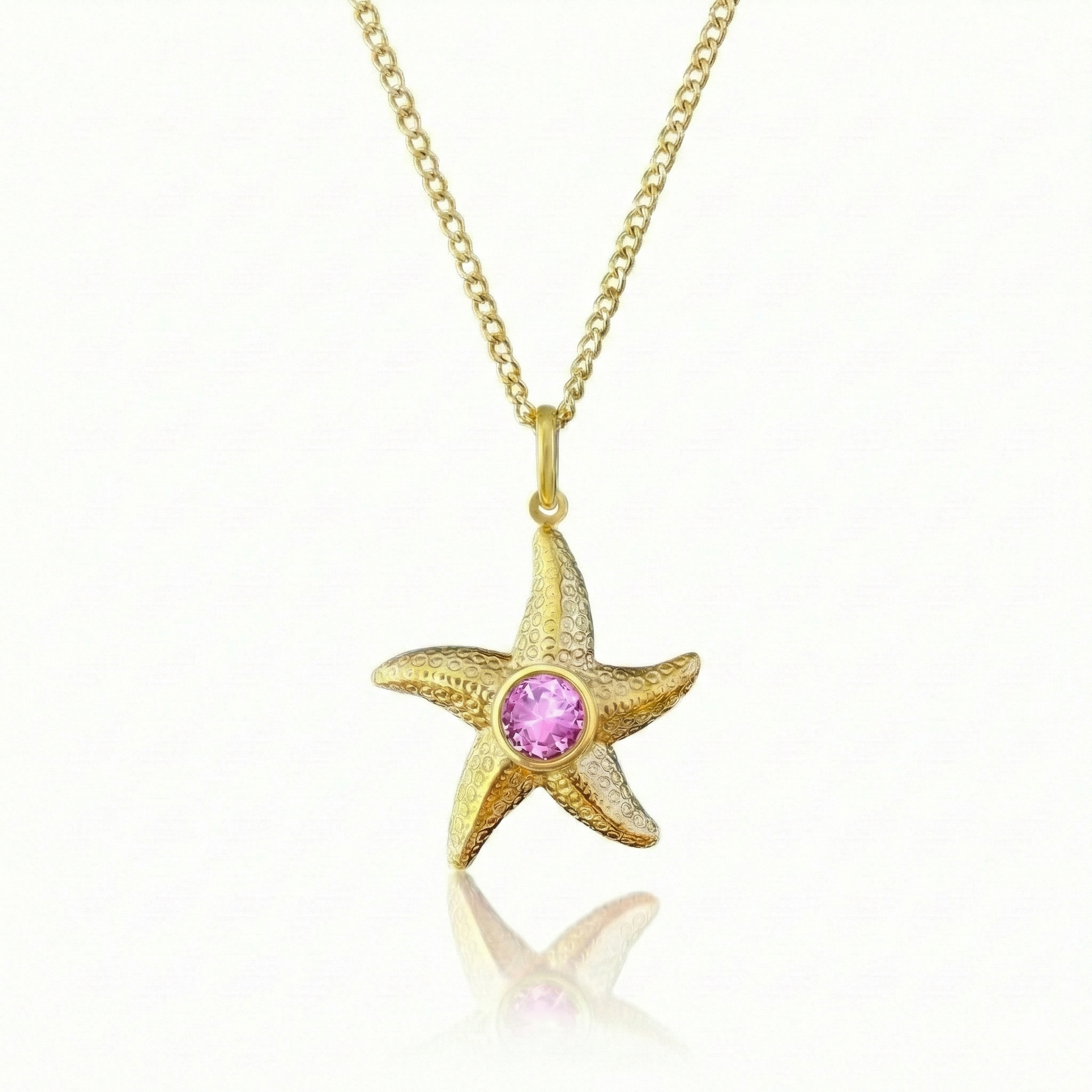 Starfish Necklace featuring a 16"-18" adjustable 18K gold stainless steel chain with  5mm round pink stone.