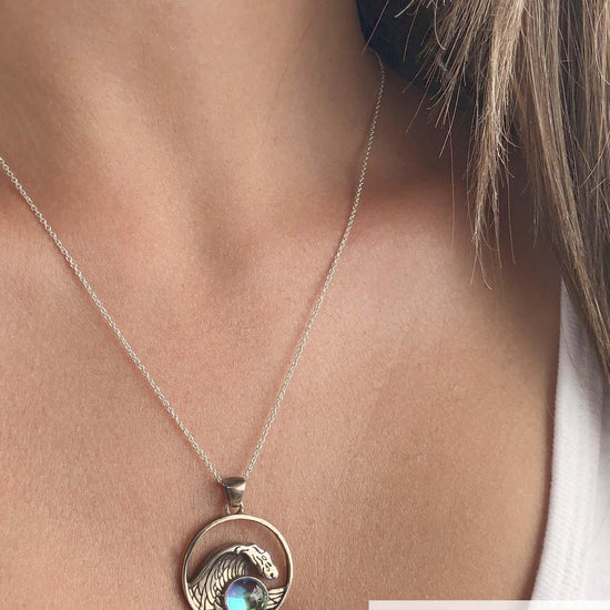 Swell Pendant are crafted in 18" sterling silver .7mm box chain wave pendant with round frosted blue crystal.
