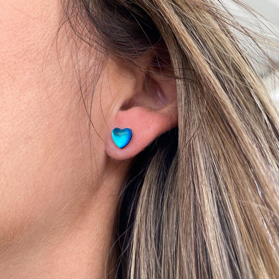 Stud Heart Earrings featuring a stunning 7mm frosted aqua stone set in .925 sterling silver posts.