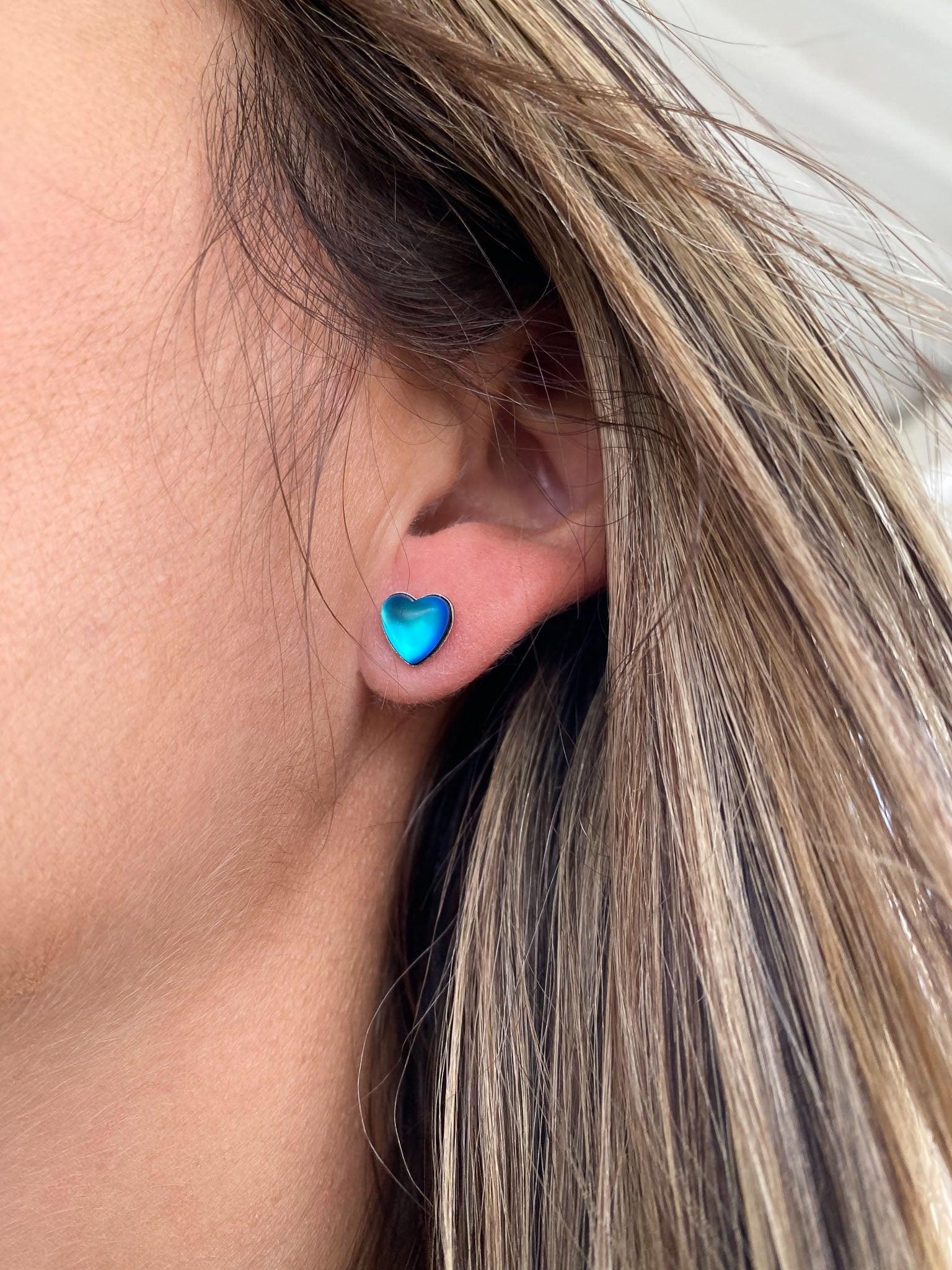 Stud Heart Earrings featuring a stunning 7mm frosted aqua stone set in .925 sterling silver posts.