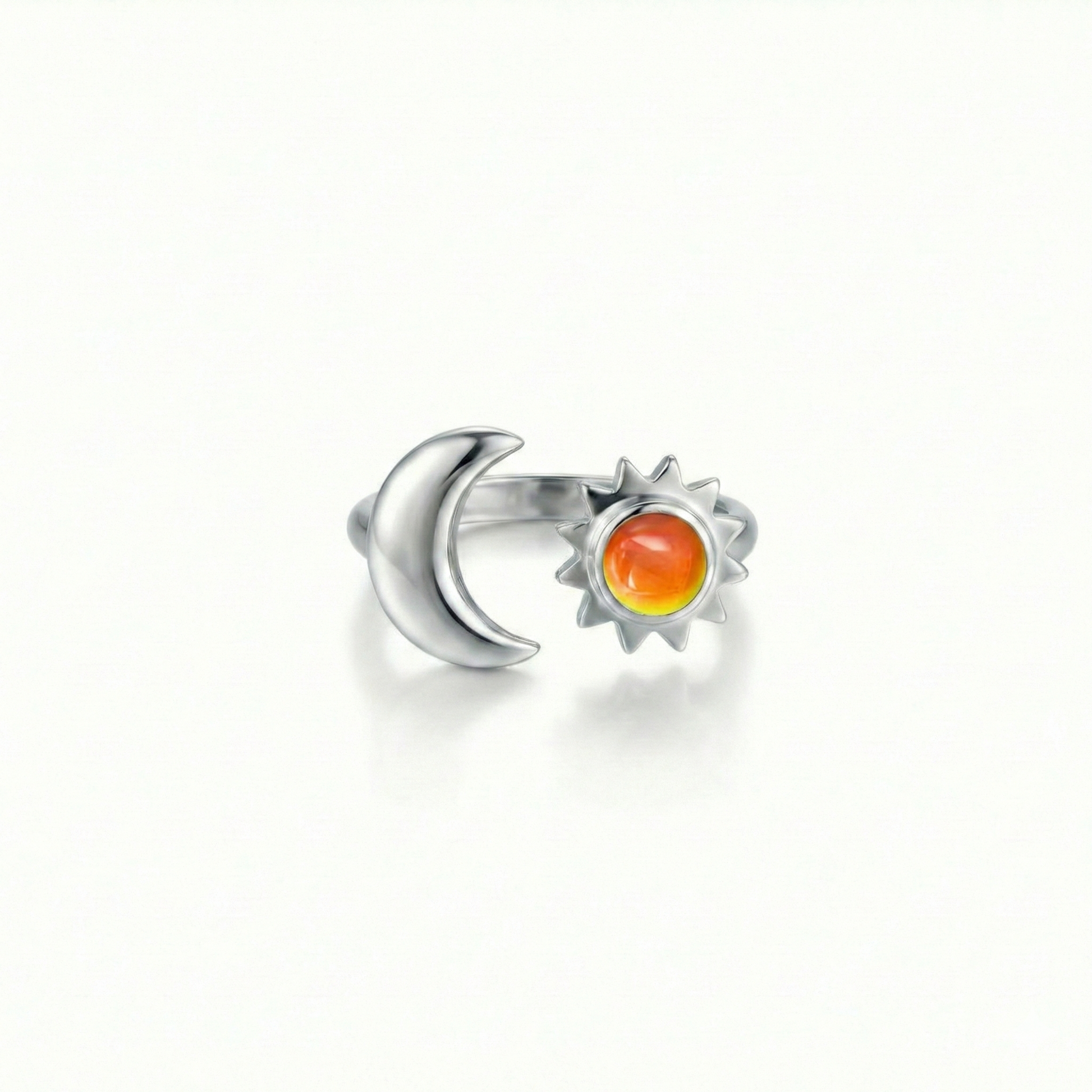 Sun and Moon Ring featuring a beautiful 5mm polished fire stone set in solid sterling silver. This adjustable ring embraces the harmonious balance of sunrise and sunset, crafted for versatility and style.