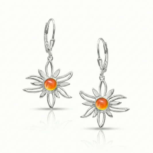 Sun Earrings . featuring a stunning 5mm round polished fire crystal set in high-quality sterling silver components, this pendant beautifully captures the essence of the sun.