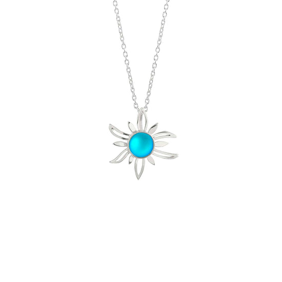 Sun Pendant crafted with high-quality sterling silver components, the frosted aqua pendant comes complete with an 18" sterling silver .7mm box chain.