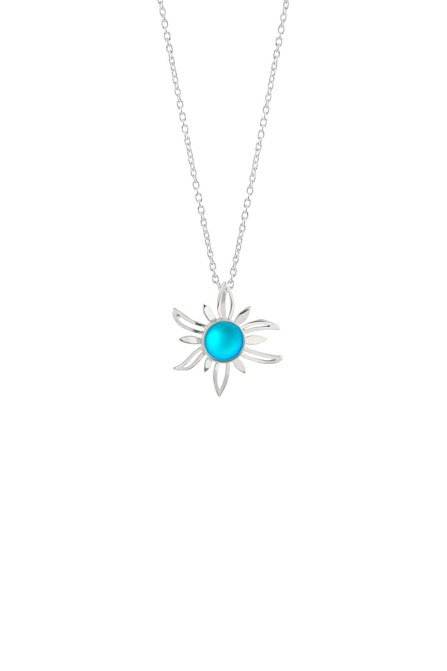 Sun Pendant crafted with high-quality sterling silver components, the frosted aqua pendant comes complete with an 18" sterling silver .7mm box chain.