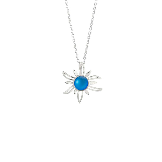 Sun Pendant crafted with high-quality sterling silver components, the frosted blue pendant comes complete with an 18" sterling silver .7mm box chain.