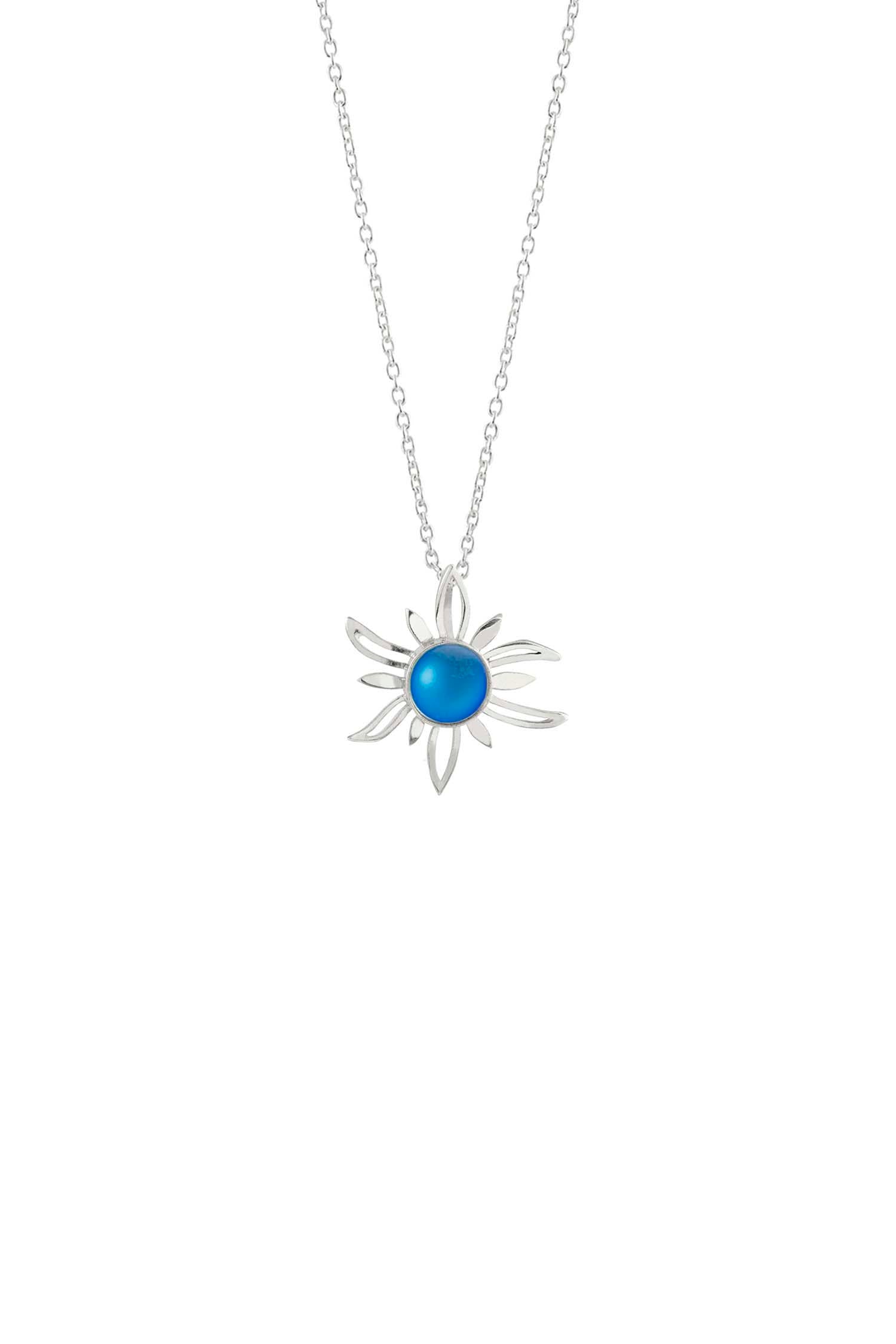 Sun Pendant crafted with high-quality sterling silver components, the frosted blue pendant comes complete with an 18" sterling silver .7mm box chain.