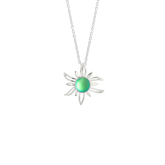 Sun Pendant crafted with high-quality sterling silver components, the frosted green pendant comes complete with an 18" sterling silver .7mm box chain.