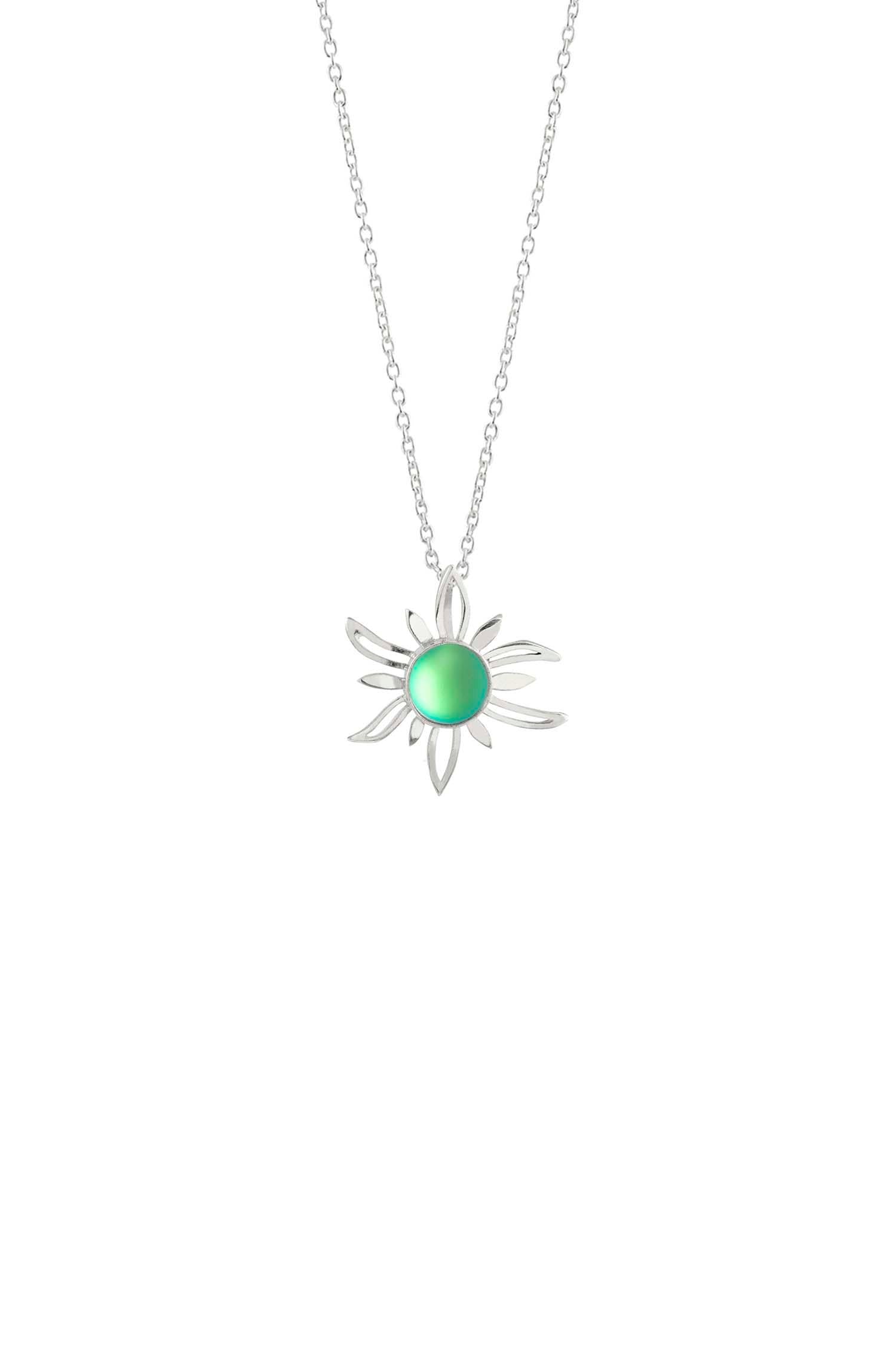 Sun Pendant crafted with high-quality sterling silver components, the frosted green pendant comes complete with an 18" sterling silver .7mm box chain.