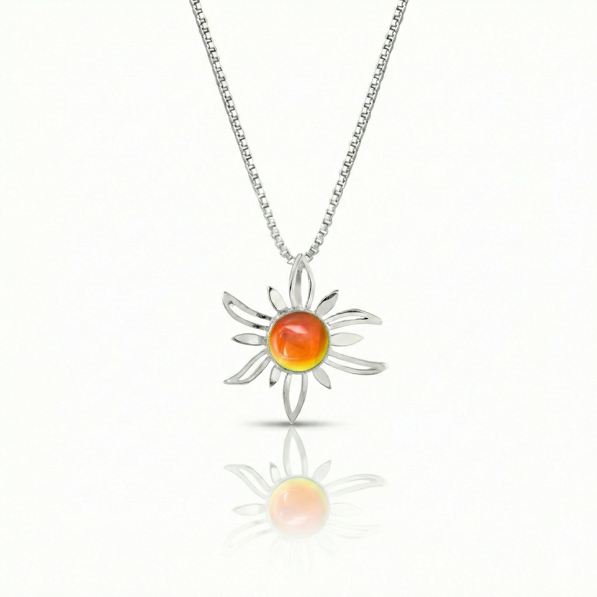 Sun Pendant crafted with high-quality sterling silver components, the polished fire pendant comes complete with an 18" sterling silver .7mm box chain.