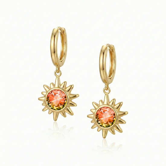 Sunburst Crystal Earrings features 18K gold stainless steel 11mm hoop diameter with 5mm round fire stone.