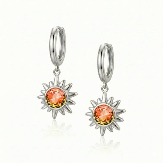 Sunburst Crystal Earrings features silver stainless 11mm hoop diameter with 5mm round fire stone.
