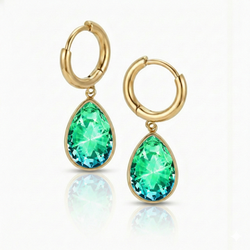 Teardrop Crystal Earrings are meticulously crafted to catch the light and add a dash of elegance with 9 mm green stone and 11mm diameter 18K gold stainless hoop.