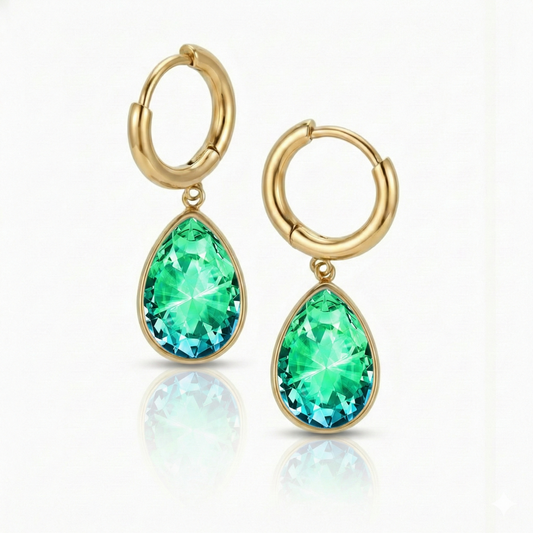 Teardrop Crystal Earrings are meticulously crafted to catch the light and add a dash of elegance with 9 mm green stone and 11mm diameter 18K gold stainless hoop.