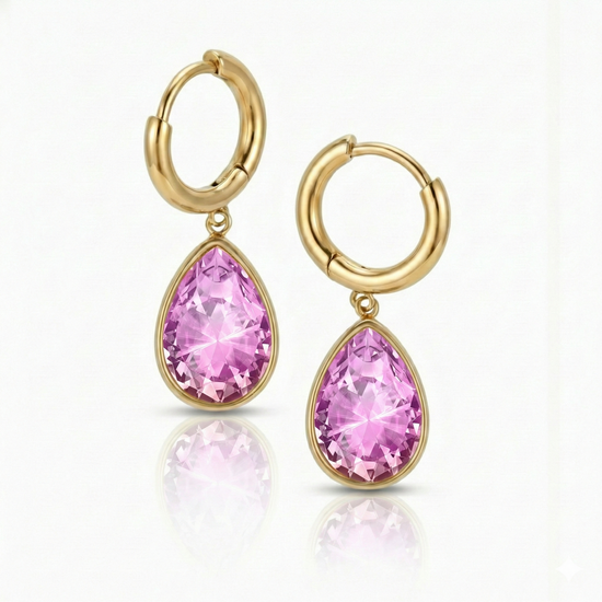 Teardrop Crystal Earrings are meticulously crafted to catch the light and add a dash of elegance with 9 mm pink stone and 11mm diameter 18K gold stainless hoop.