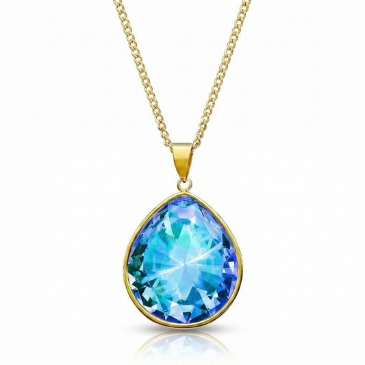  Teardrop Crystal Pendant, an elegant pendant, shaped like a delicate teardrop, comes with a 16"-18" 18K stainless adjustable chain and blue stone.