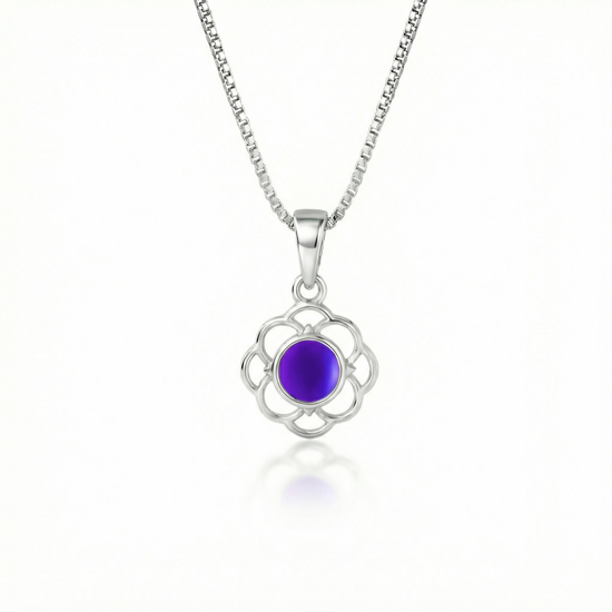 Teeny Loop Pendant features a stunning 5mm frosted violet stone and comes with a .7mm sterling silver 18" box chain.