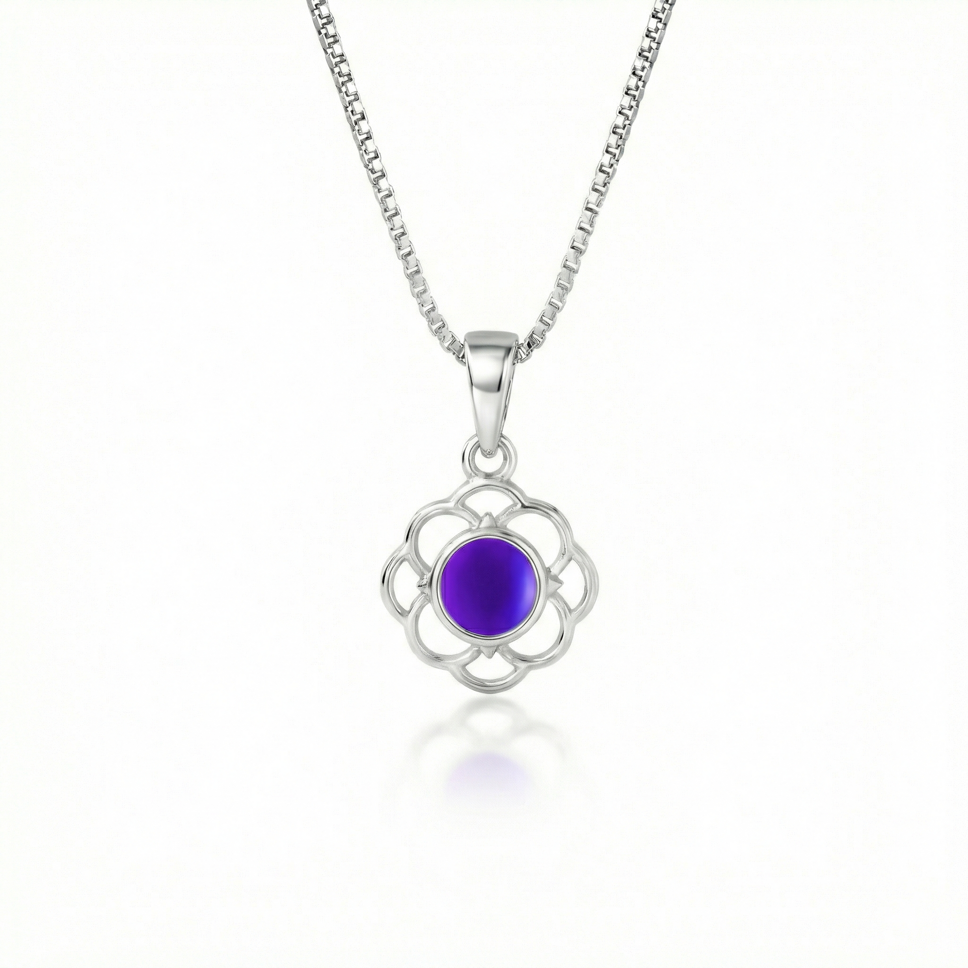Teeny Loop Pendant features a stunning 5mm frosted violet stone and comes with a .7mm sterling silver 18" box chain.