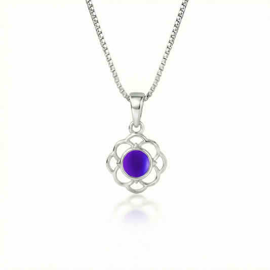 Teeny Loop Pendant features a stunning 5mm frosted violet stone and comes with a .7mm sterling silver 18" box chain.