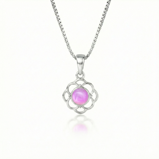 Teeny Loop Pendant features a stunning 5mm polished pink stone and comes with a .7mm sterling silver 18" box chain.