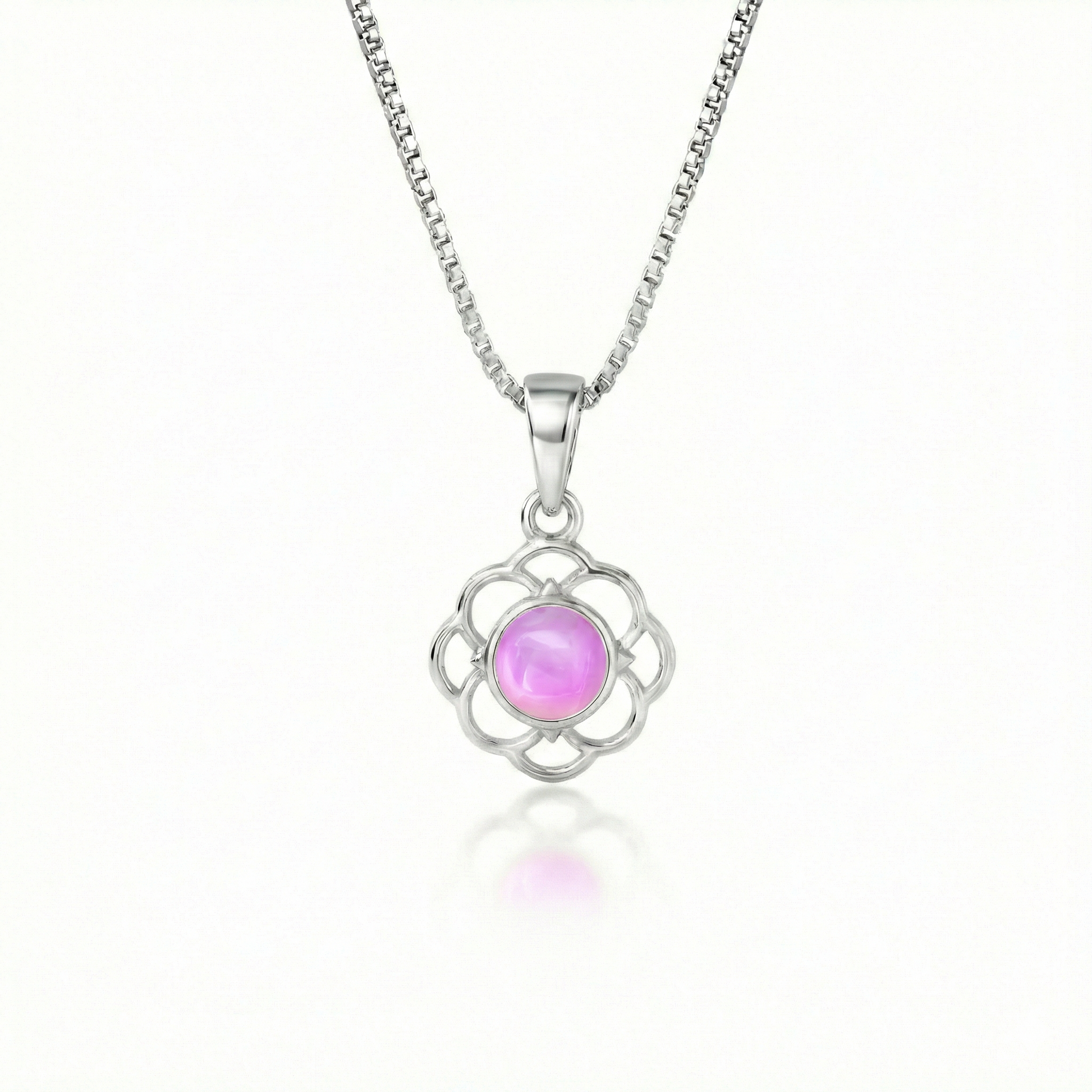 Teeny Loop Pendant features a stunning 5mm polished pink stone and comes with a .7mm sterling silver 18" box chain.