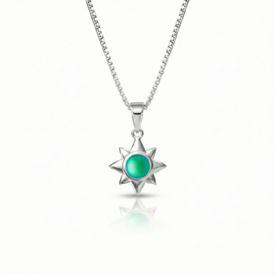 Teeny Star Pendant made with love and crafted with care, comes with an 18" sterling silver chain and 5 mm frosted green stone. 