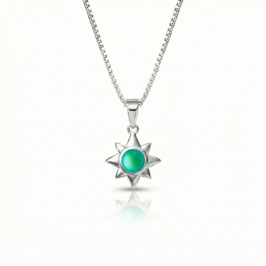 Teeny Star Pendant made with love and crafted with care, comes with an 18" sterling silver chain and 5 mm frosted green stone. 