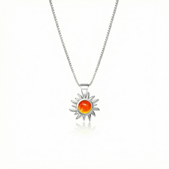  Teeny Sun Pendant crafted from high-quality .925 sterling silver. Featuring a stunning 5mm polished fire stone, it comes complete with an 18" sterling silver box chain.