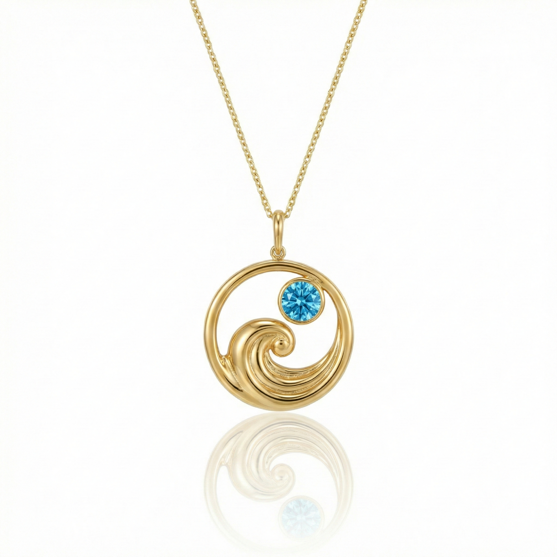 Gold featuring a minimalist ocean wave charm with a blue gemstone on a delicate chain
