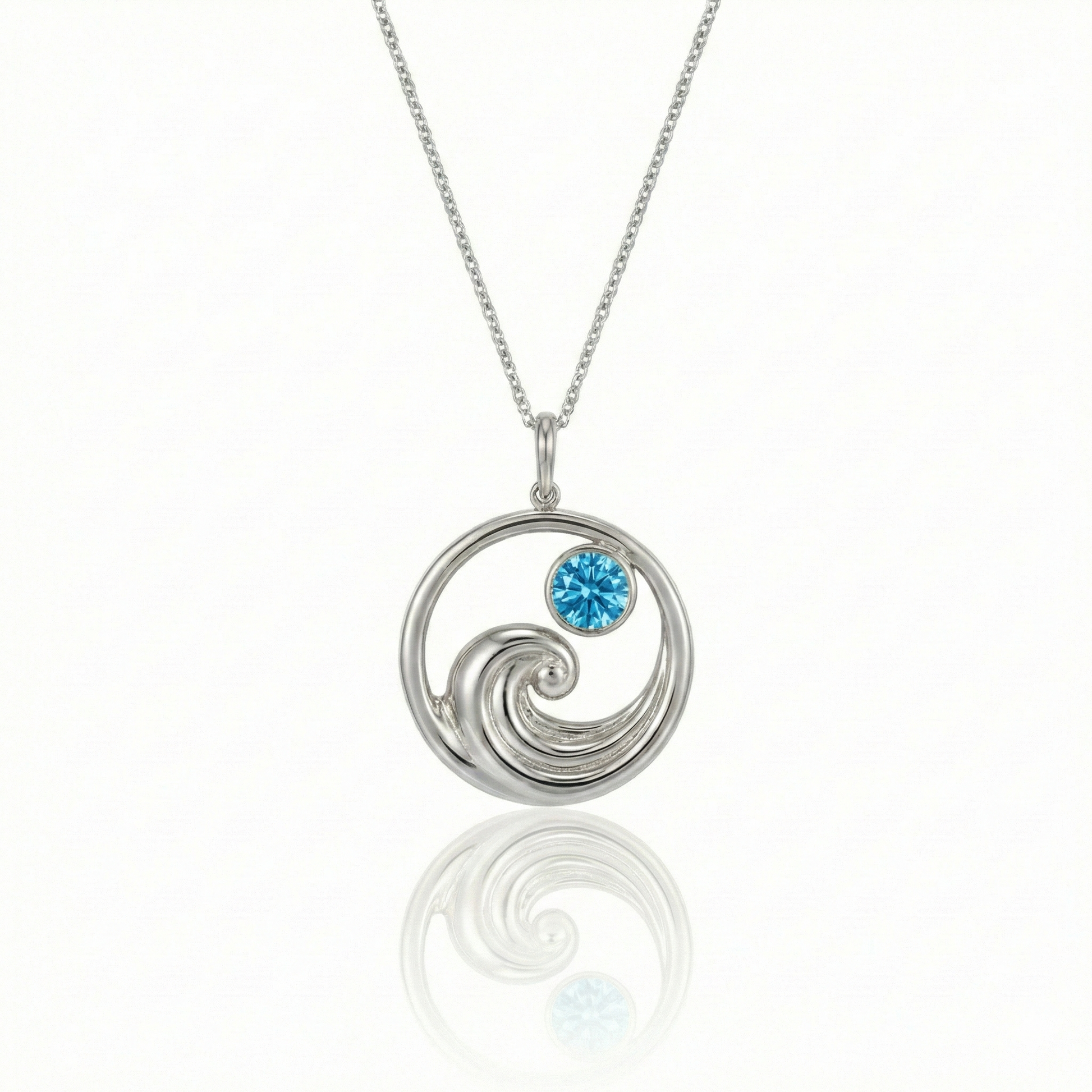 Silver featuring a minimalist ocean wave charm with a blue gemstone on a delicate chain