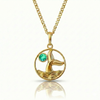 Whale tale pendant with 18K gold stainless steel and a green gemstone.