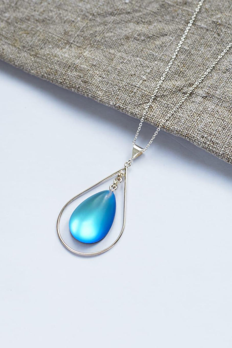 Drop Loop Pendant-Sterling Silver-Necklace Charm-Blue-Frosted-Leightworks-Handmade-Crystal Jewelry-David Leight