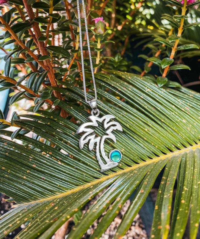 Sterling Silver-Palm Tree Pendant-Necklace Charm-Polished-Green-Leightworks-Crystal Jewelry-David Leight