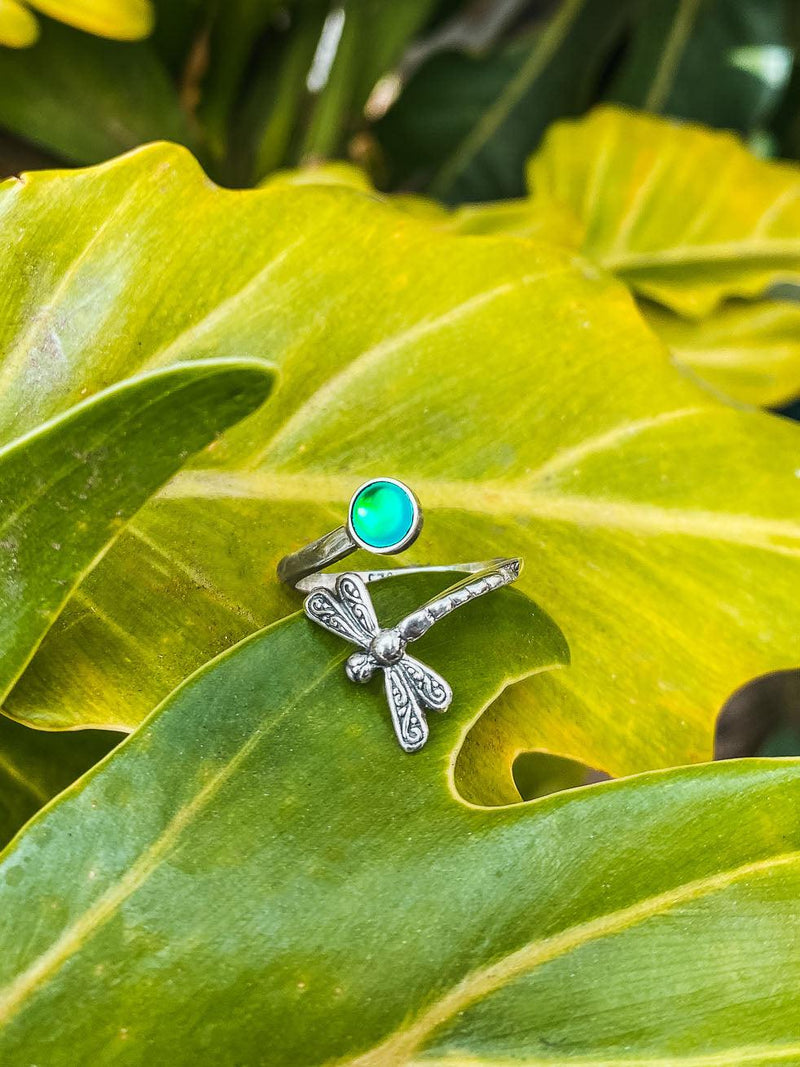 Dragonfly Ring-Nature-Handmade-Sterling Silver-Aqua-Polished-Leightworks-Crystal Jewelry-David Leight-Made in San Diego