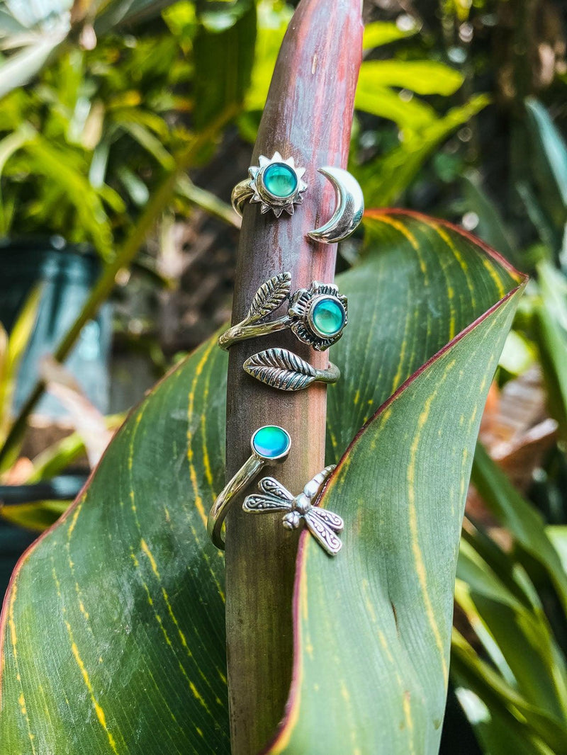 Dragonfly Ring-Flower-Sun-Moon-Nature-Handmade-Sterling Silver-Aqua-Polished-Leightworks-Crystal Jewelry-David Leight-Made in San Diego