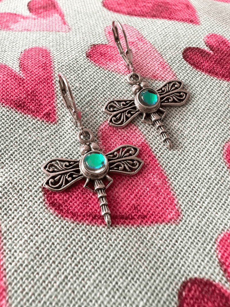 Handmade-Sterling Silver-Crystal Jewelry-Nature-Dragonfly Earrings-Polished Crystal-Green Crystal-LeightWorks-San Diego-David Leight