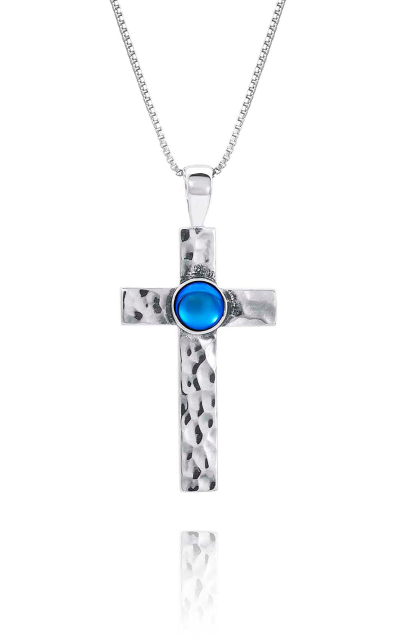 Handmade-Sterling Silver-Crystal Jewelry-Classic Cross Pendant-Cross Pendant-Cross Necklace-Polished-Blue Crystal-LeightWorks-San Diego-David Leight