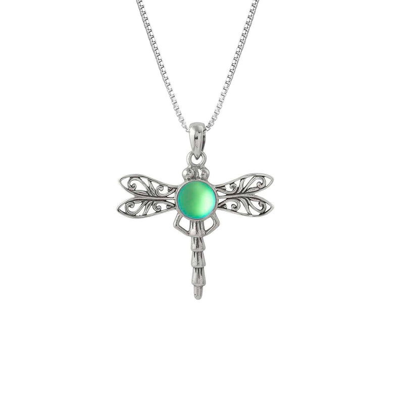 Handmade-Sterling Silver-Crystal Jewelry-Nature-Dragonfly Pendant-Frosted Crystal-Green Crystal-LeightWorks-San Diego-David Leight
