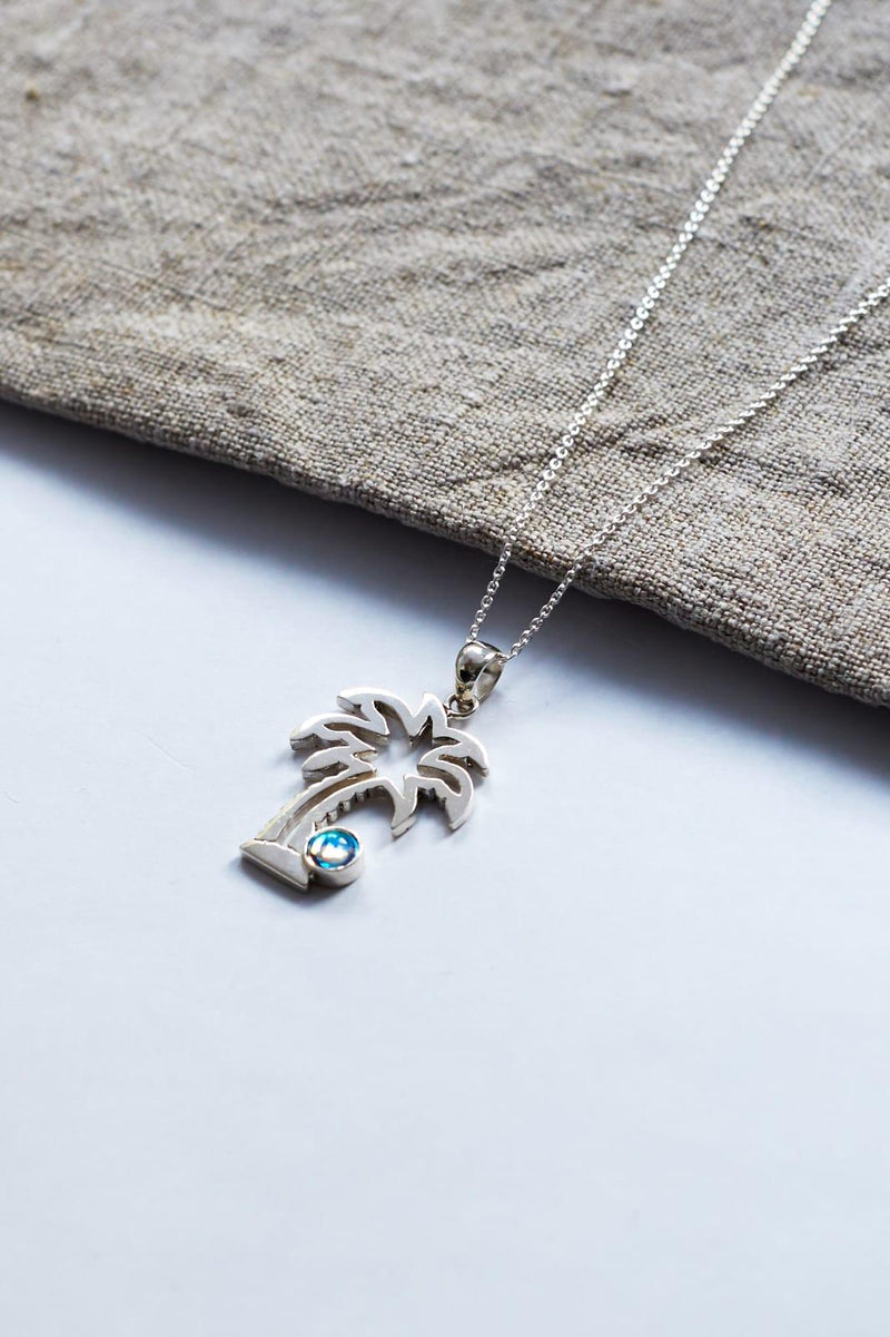 Sterling Silver-Palm Tree Pendant-Necklace Charm-Polished-Blue-Leightworks-Crystal Jewelry-David Leight
